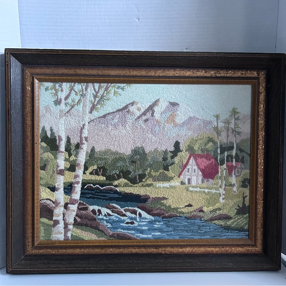 Vintage Framed Crewel Landscape Art under Glass, 20” x 16” - COTTAGE SCENE 1